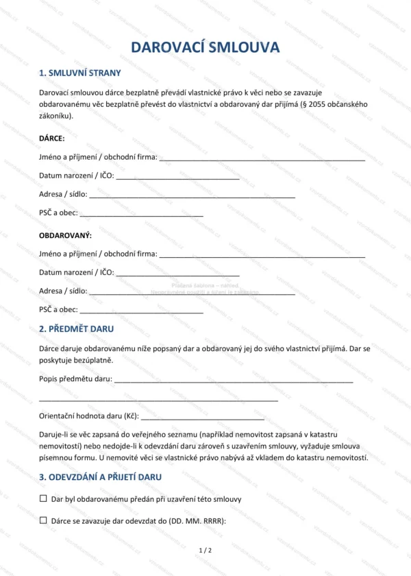 Darovací smlouva — Vzor Word & PDF