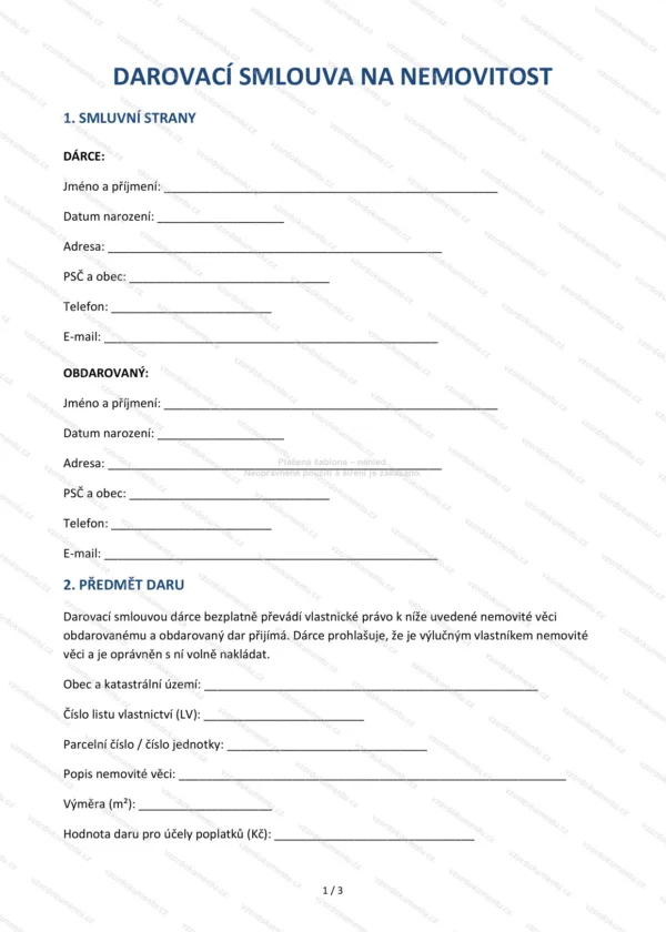 Darovací smlouva na nemovitost — Vzor Word & PDF
