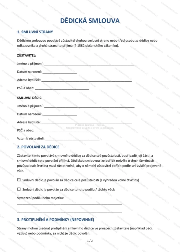 Dědická smlouva — Vzor Word & PDF