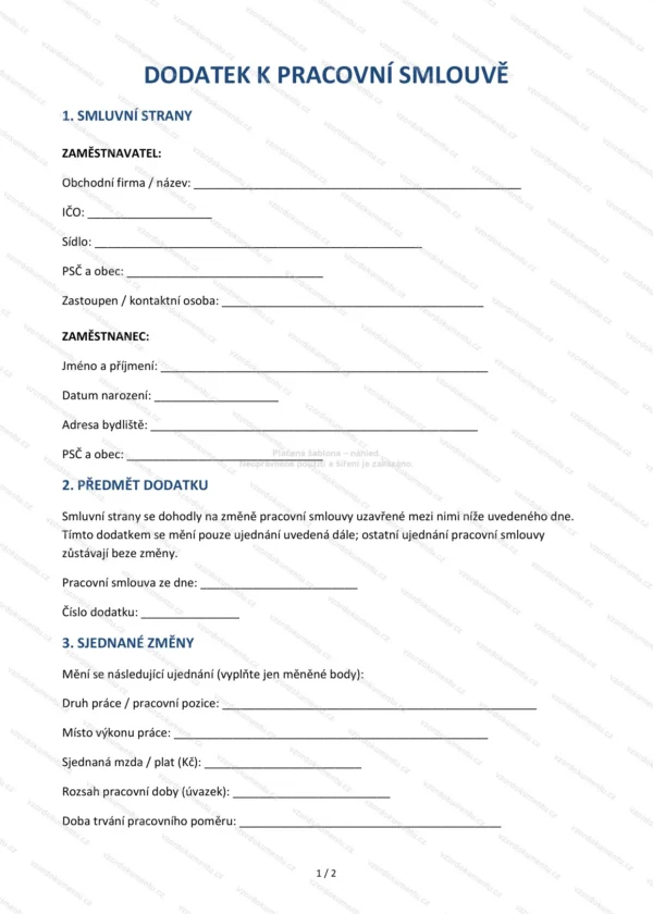Dodatek k pracovní smlouvě — Vzor Word & PDF