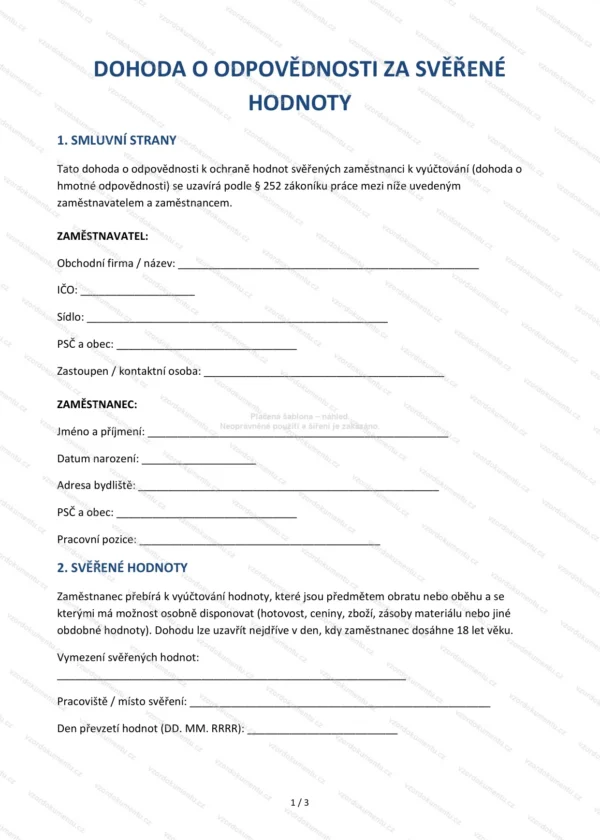Dohoda o odpovědnosti za svěřené hodnoty — Vzor Word & PDF