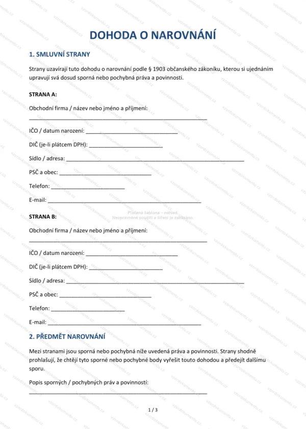 Dohoda o narovnání — Vzor Word & PDF