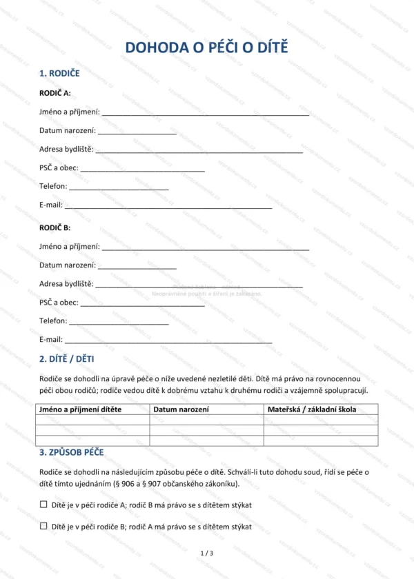 Dohoda o péči o dítě — Vzor Word & PDF