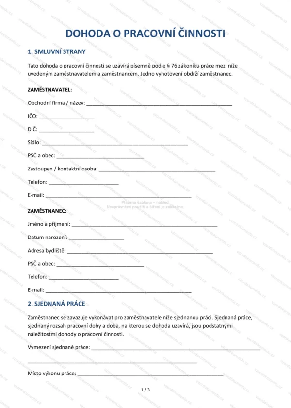 Dohoda o pracovní činnosti — Vzor Word & PDF