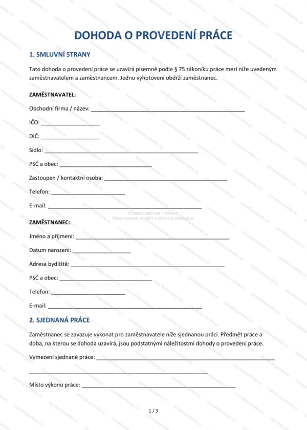Dohoda o provedení práce — Vzor Word & PDF