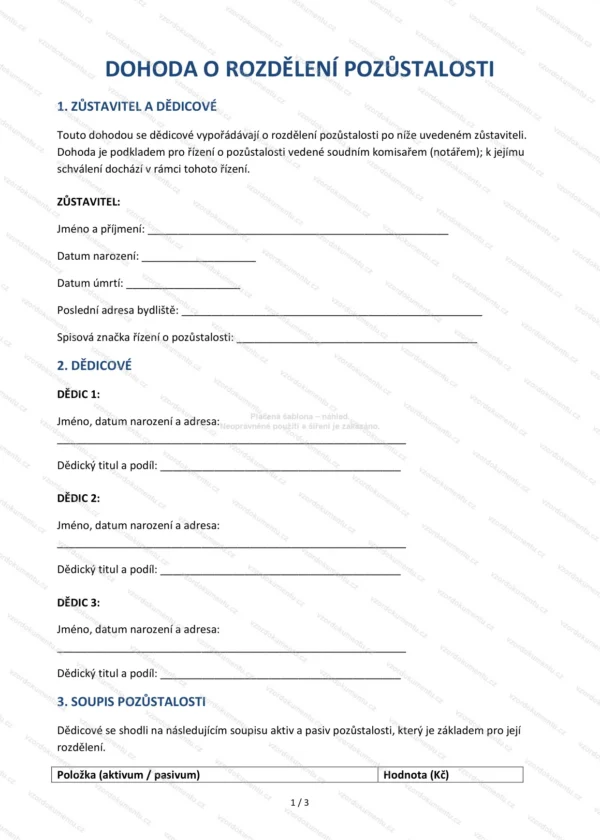 Dohoda o rozdělení pozůstalosti — Vzor Word & PDF