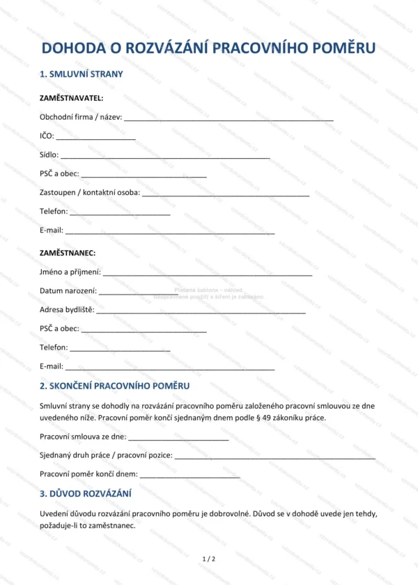 Dohoda o rozvázání pracovního poměru — Vzor Word & PDF