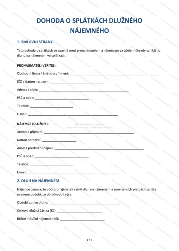 Dohoda o splátkách dlužného nájemného — Vzor Word & PDF