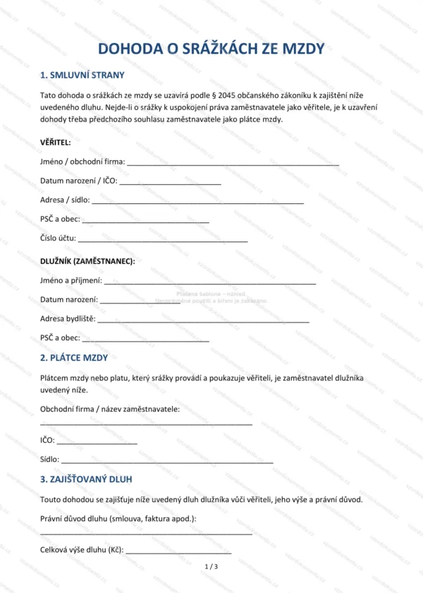Dohoda o srážkách ze mzdy — Vzor Word & PDF