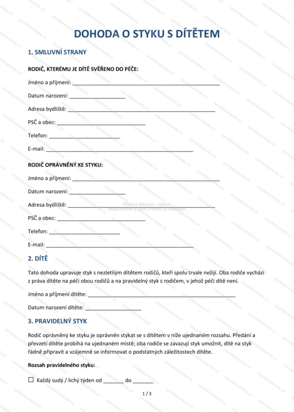 Dohoda o styku s dítětem — Vzor Word & PDF