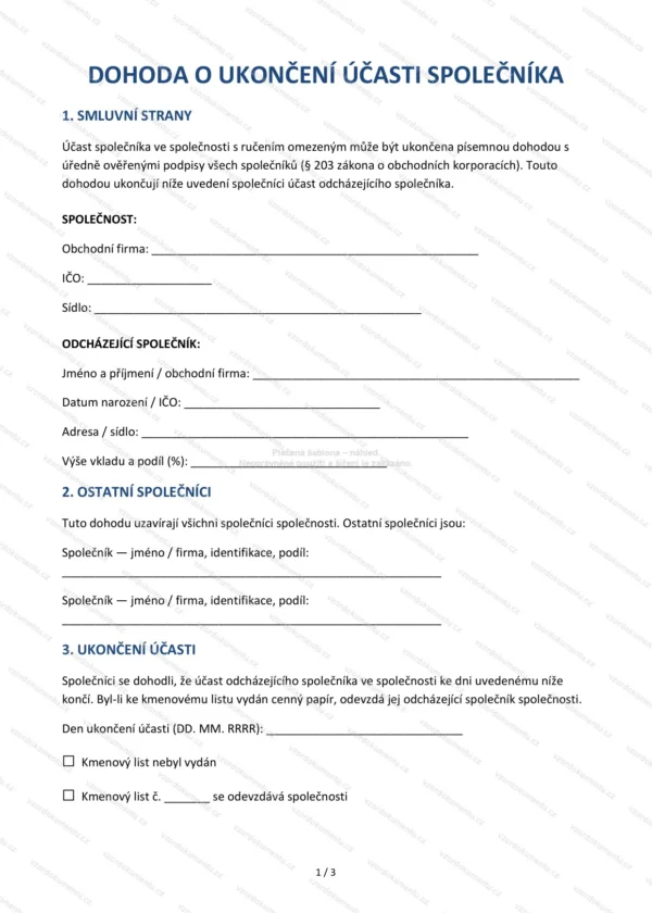 Dohoda o ukončení účasti společníka — Vzor Word & PDF