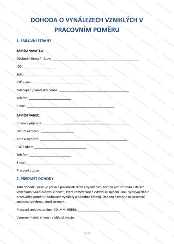 Dohoda o vynálezech vzniklých v pracovním poměru — Vzor Word & PDF