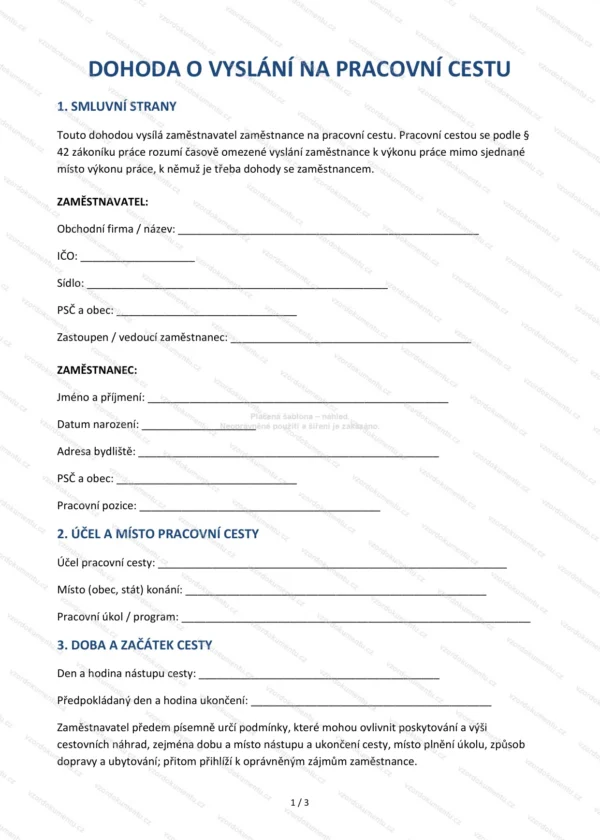 Dohoda o vyslání na pracovní cestu — Vzor Word & PDF