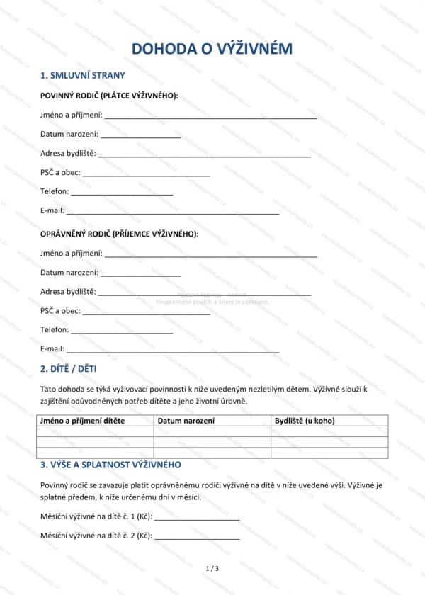 Dohoda o výživném — Vzor Word & PDF