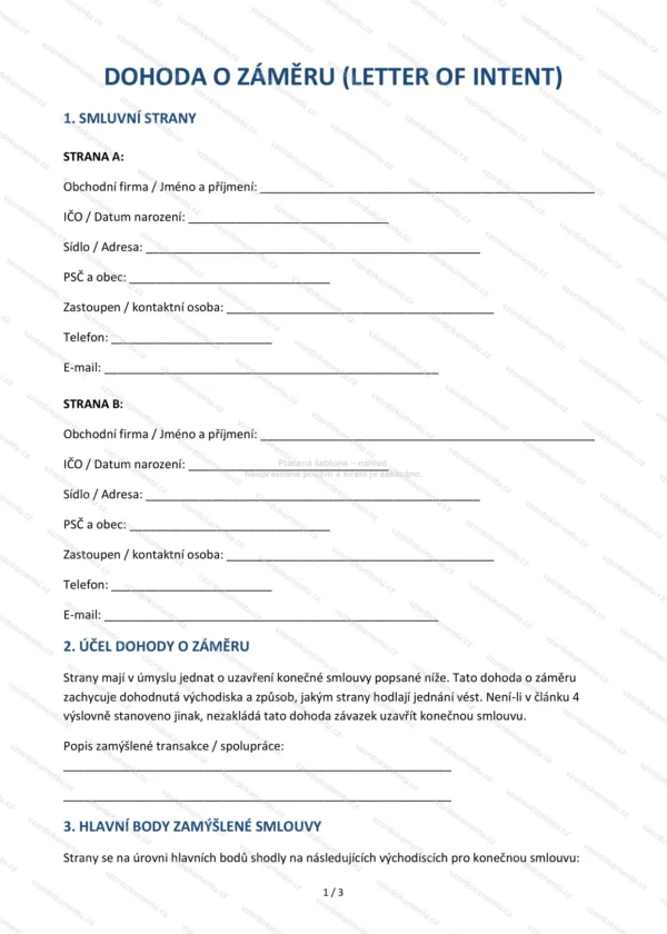 Dohoda o záměru (Letter of Intent) — Vzor Word & PDF