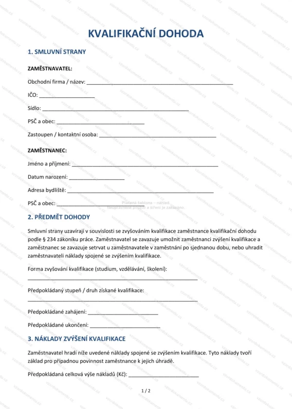 Kvalifikační dohoda — Vzor Word & PDF