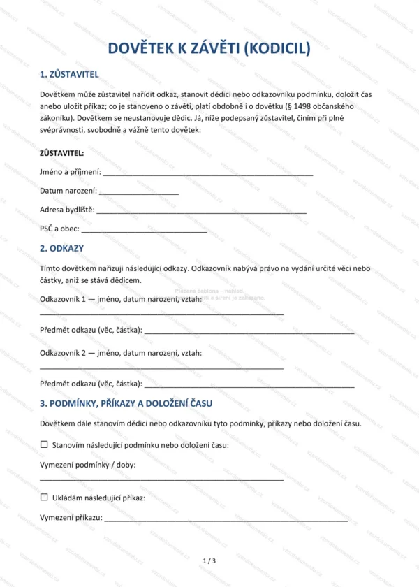 Dovětek k závěti (kodicil) — Vzor Word & PDF