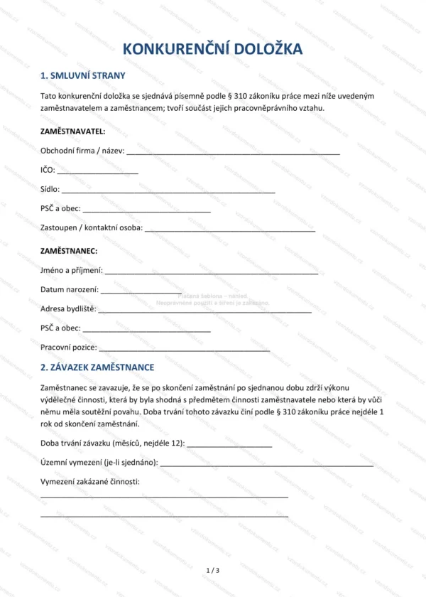 Konkurenční doložka — Vzor Word & PDF