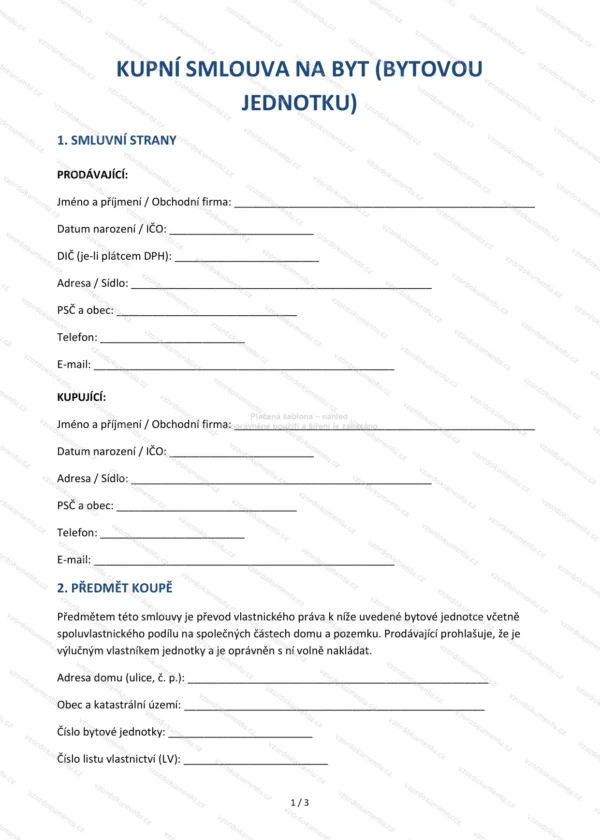 Kupní smlouva na byt (bytovou jednotku) — Vzor Word & PDF