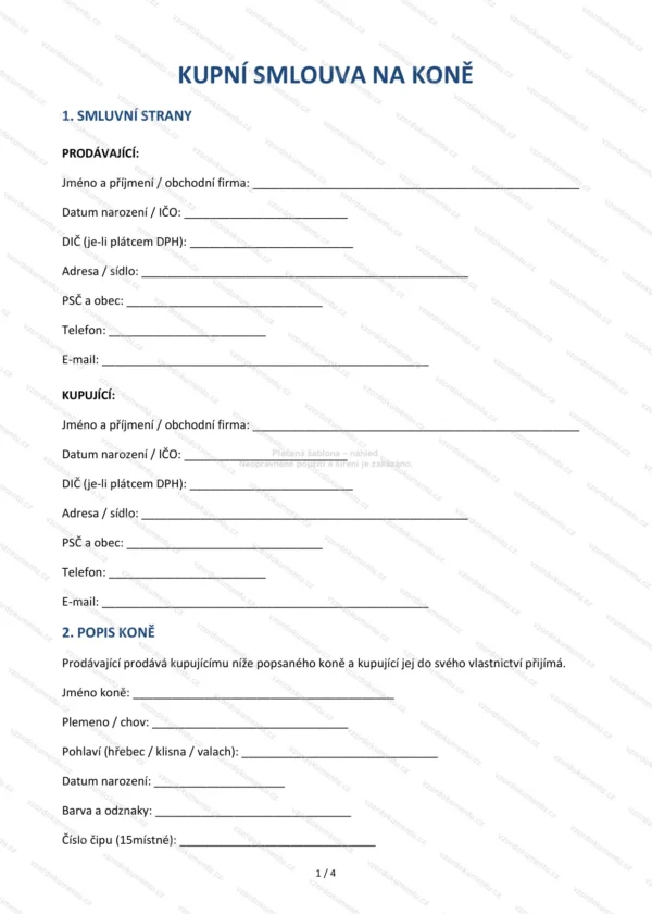 Kupní smlouva na koně — Vzor Word & PDF