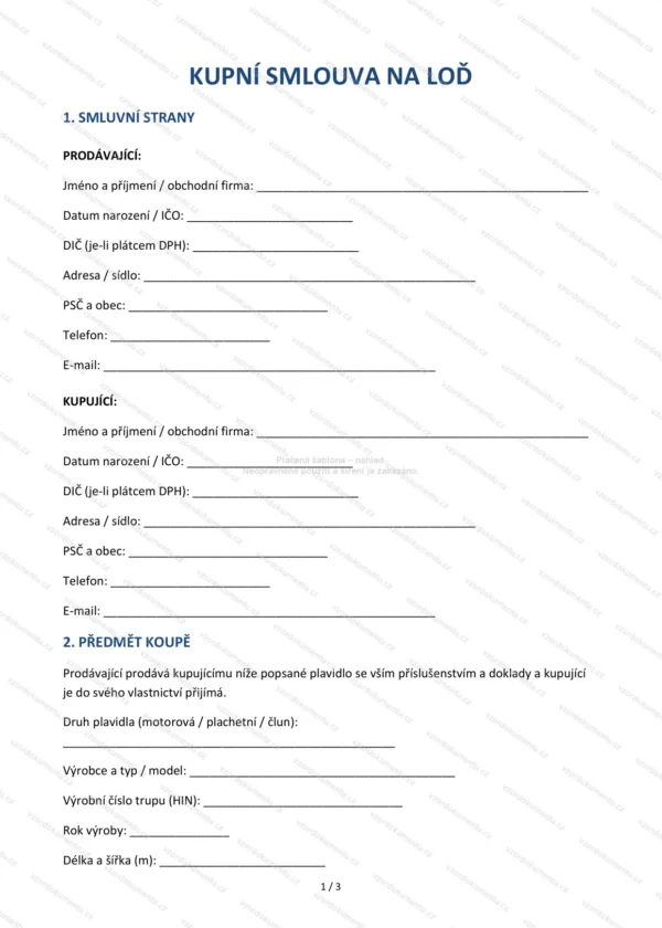 Kupní smlouva na loď — Vzor Word & PDF