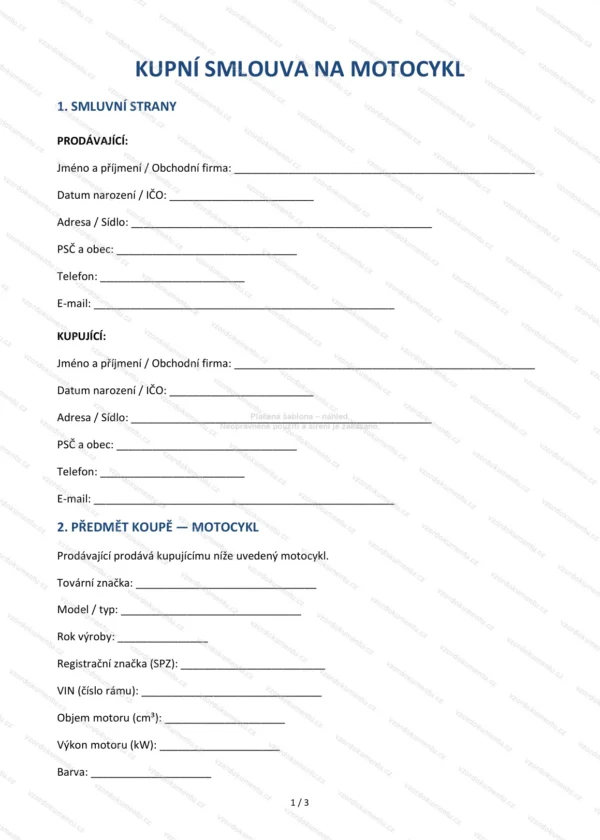 Kupní smlouva na motocykl — Vzor Word & PDF
