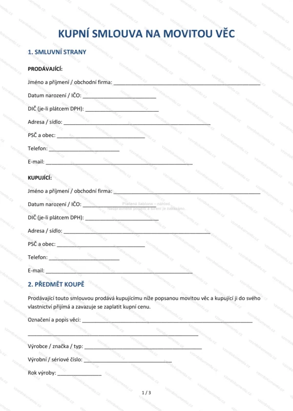 Kupní smlouva na movitou věc — Vzor Word & PDF