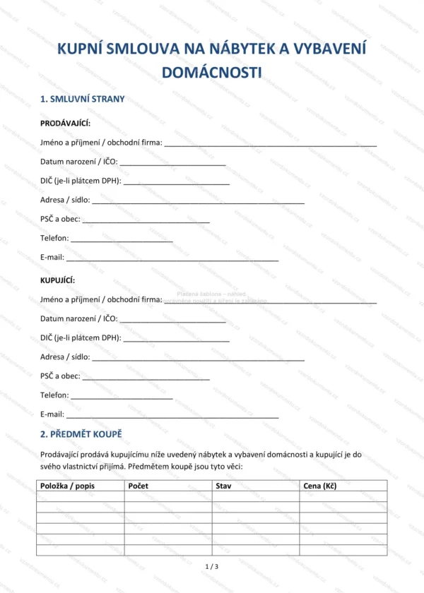 Kupní smlouva na nábytek a vybavení domácnosti — Vzor Word & PDF