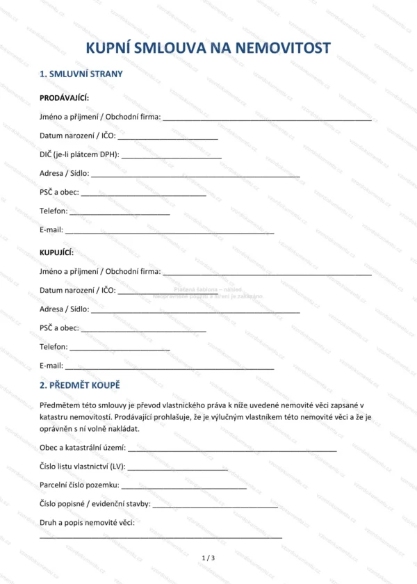 Kupní smlouva na nemovitost — Vzor Word & PDF