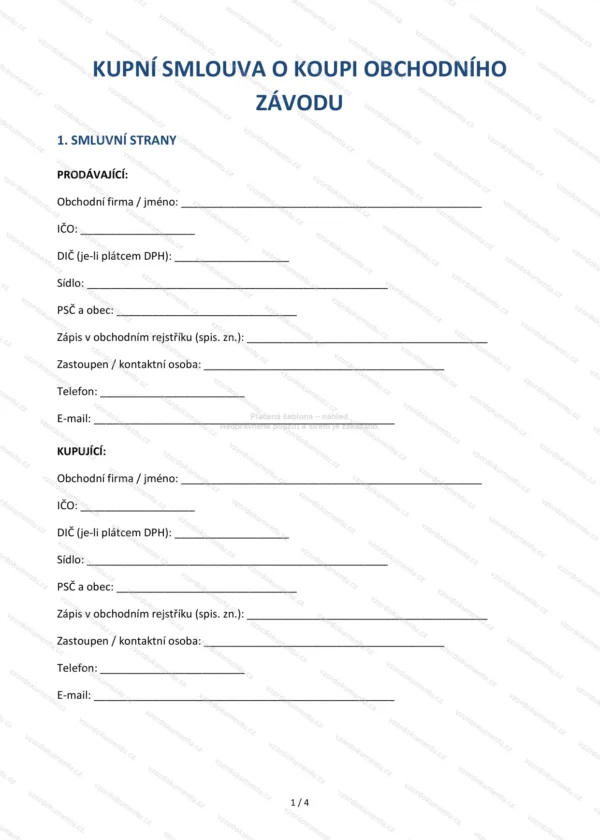 Kupní smlouva o koupi obchodního závodu — Vzor Word & PDF
