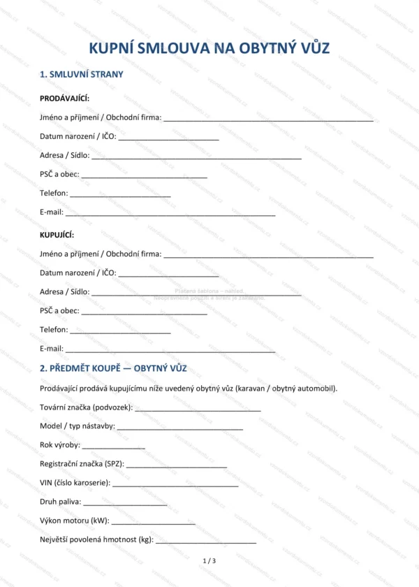 Kupní smlouva na obytný vůz — Vzor Word & PDF