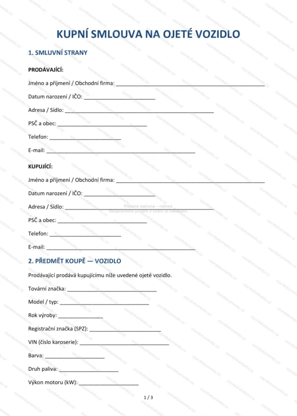 Kupní smlouva na ojeté vozidlo — Vzor Word & PDF