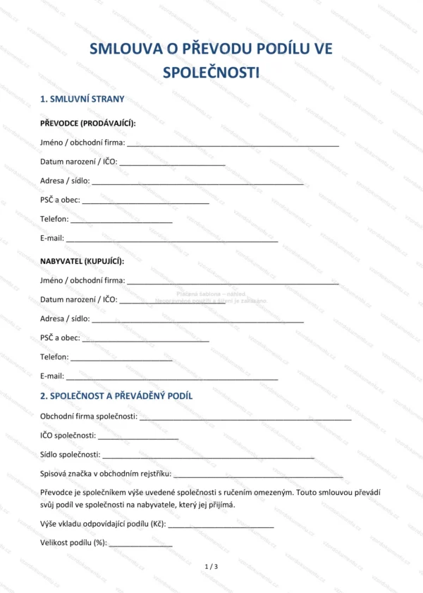 Smlouva o převodu podílu ve společnosti — Vzor Word & PDF