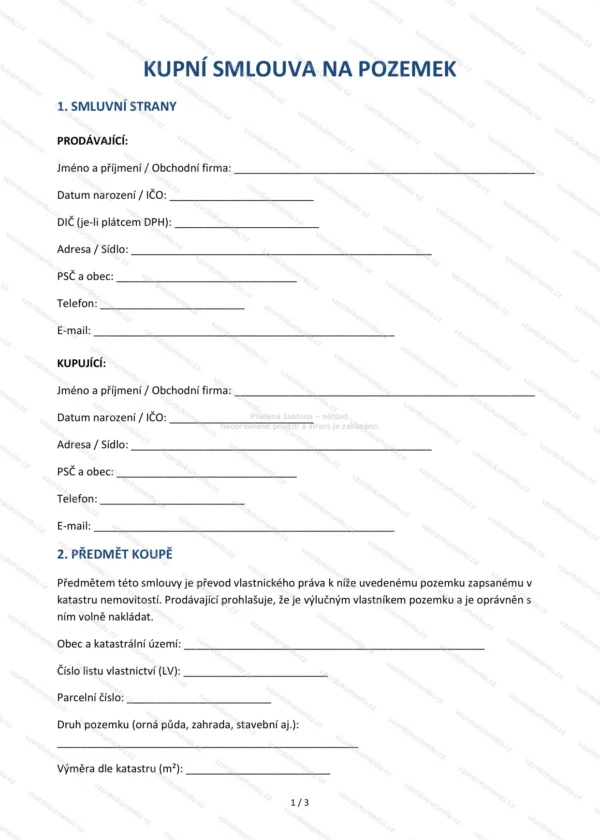 Kupní smlouva na pozemek — Vzor Word & PDF