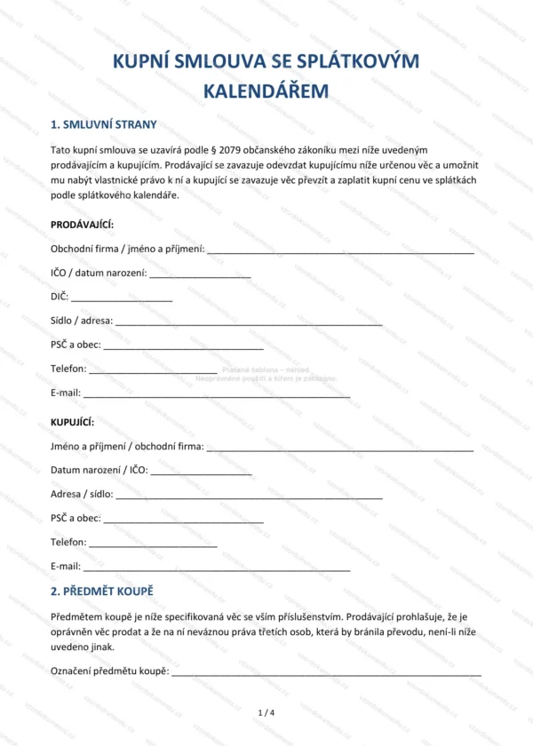 Kupní smlouva se splátkovým kalendářem — Vzor Word & PDF