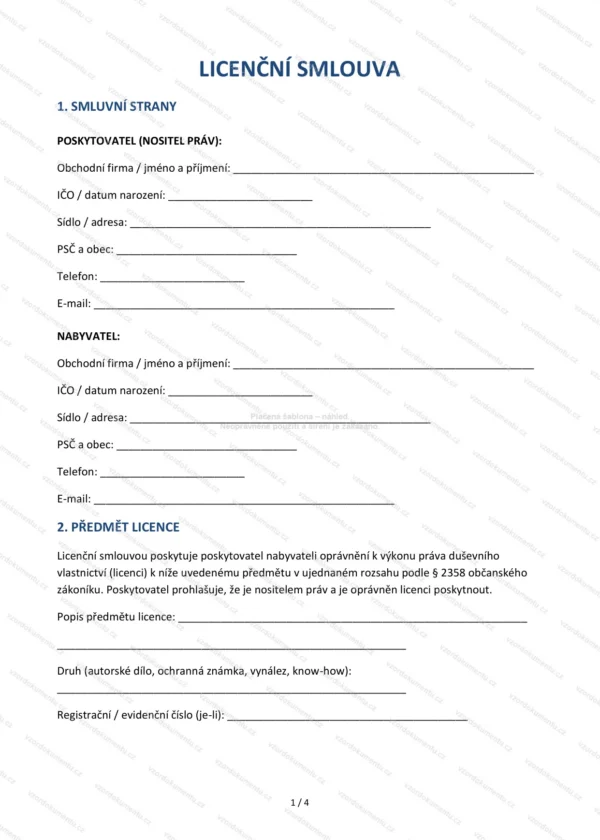 Licenční smlouva — Vzor Word & PDF
