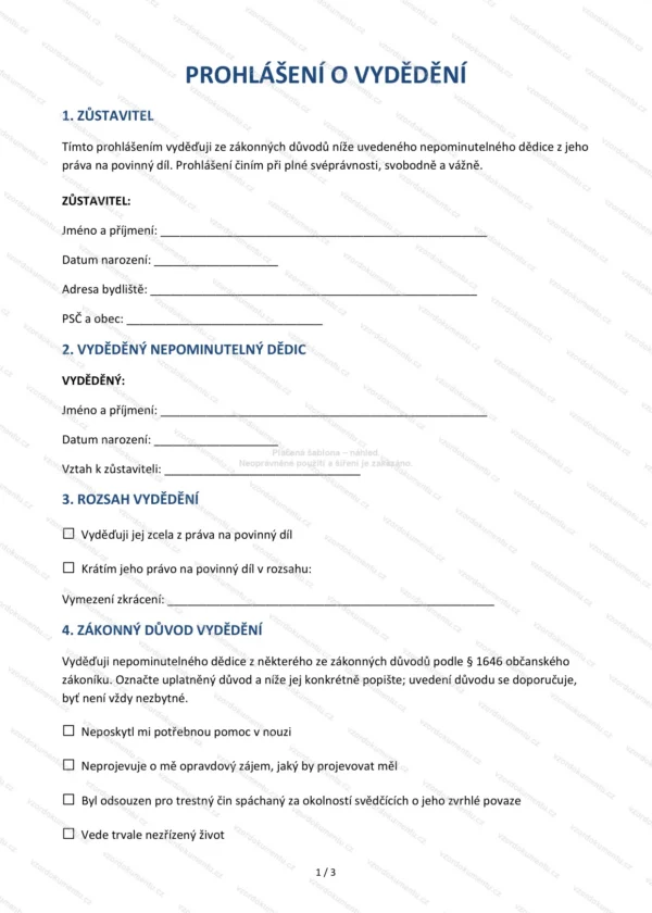 Prohlášení o vydědění (listina o vydědění) — Vzor Word & PDF