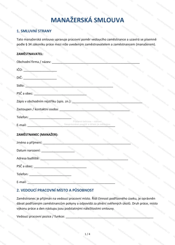 Manažerská smlouva — Vzor Word & PDF