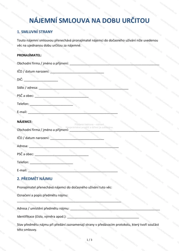 Nájemní smlouva na dobu určitou — Vzor Word & PDF