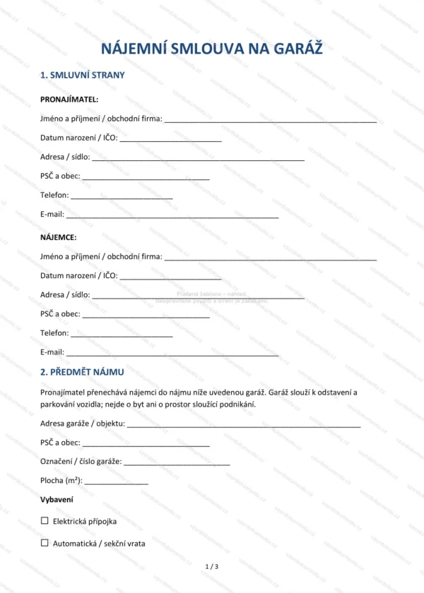Nájemní smlouva na garáž — Vzor Word & PDF
