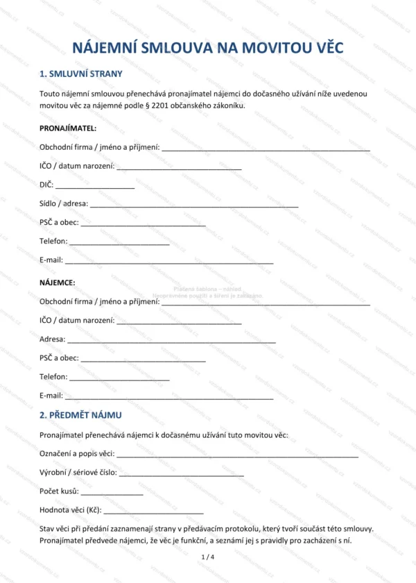 Nájemní smlouva na movitou věc — Vzor Word & PDF