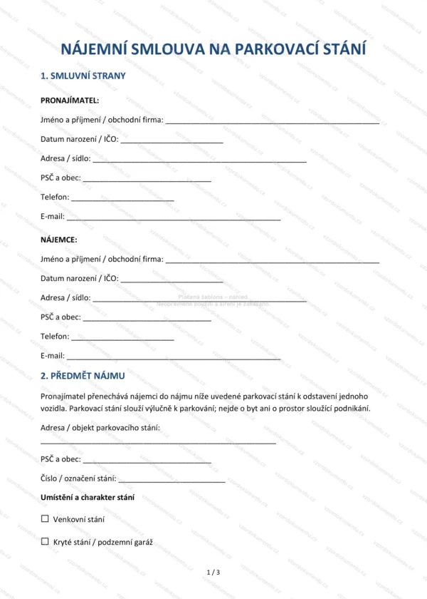 Nájemní smlouva na parkovací stání — Vzor Word & PDF