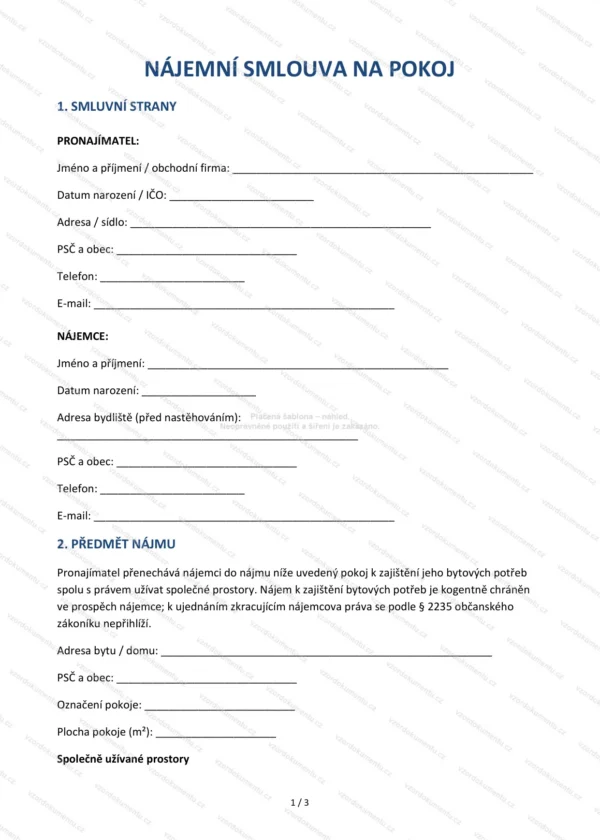 Nájemní smlouva na pokoj — Vzor Word & PDF