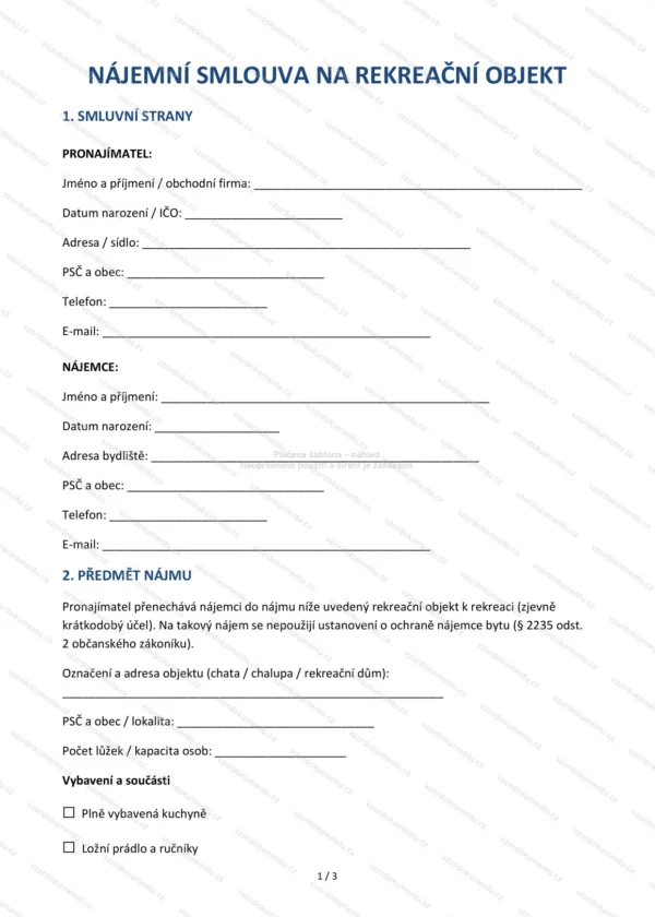 Nájemní smlouva na rekreační objekt — Vzor Word & PDF