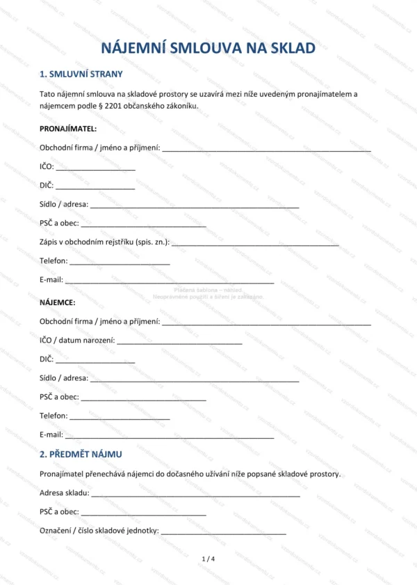 Nájemní smlouva na sklad — Vzor Word & PDF