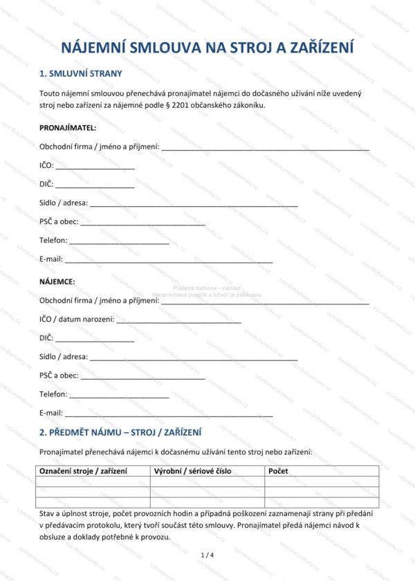 Nájemní smlouva na stroj a zařízení — Vzor Word & PDF