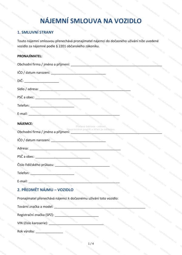 Nájemní smlouva na vozidlo — Vzor Word & PDF