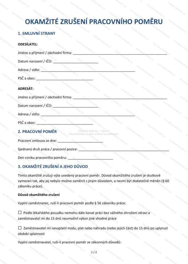Okamžité zrušení pracovního poměru — Vzor Word & PDF