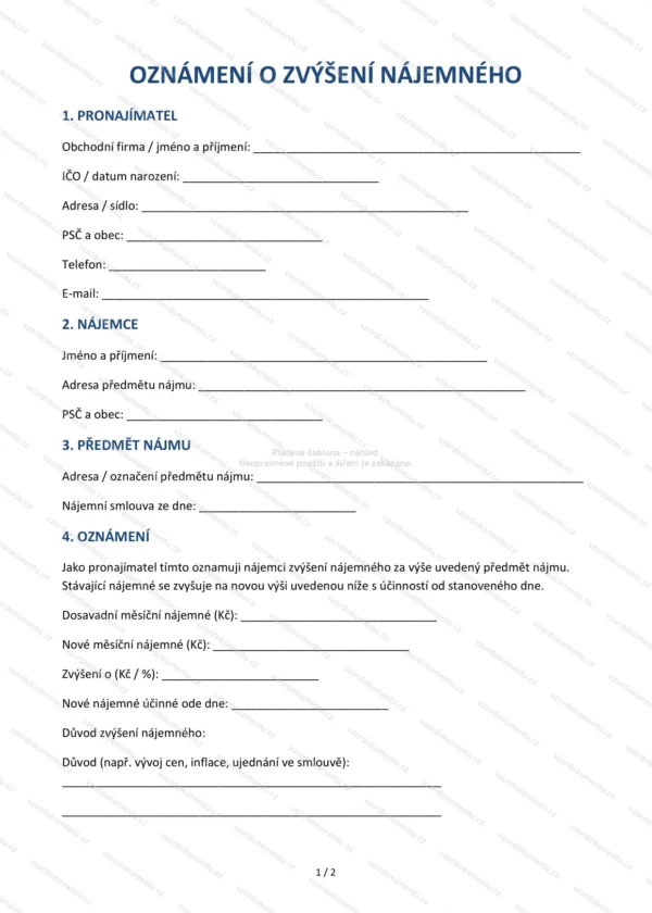 Oznámení o zvýšení nájemného — Vzor Word & PDF