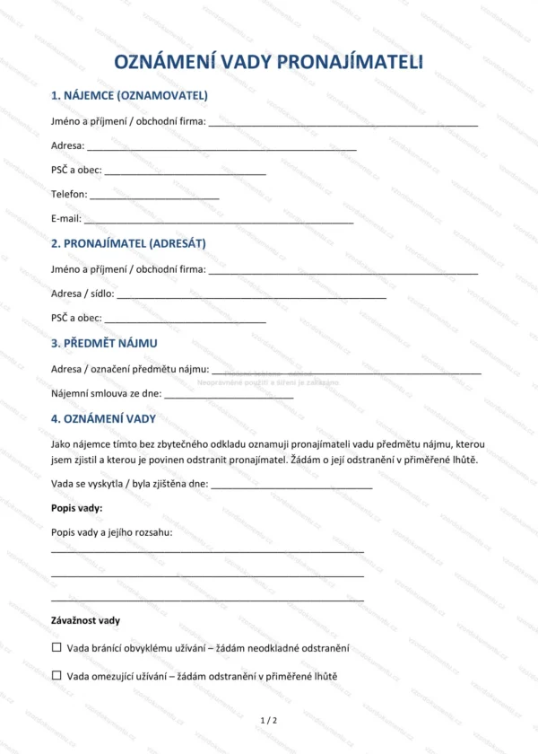 Oznámení vady pronajímateli — Vzor Word & PDF